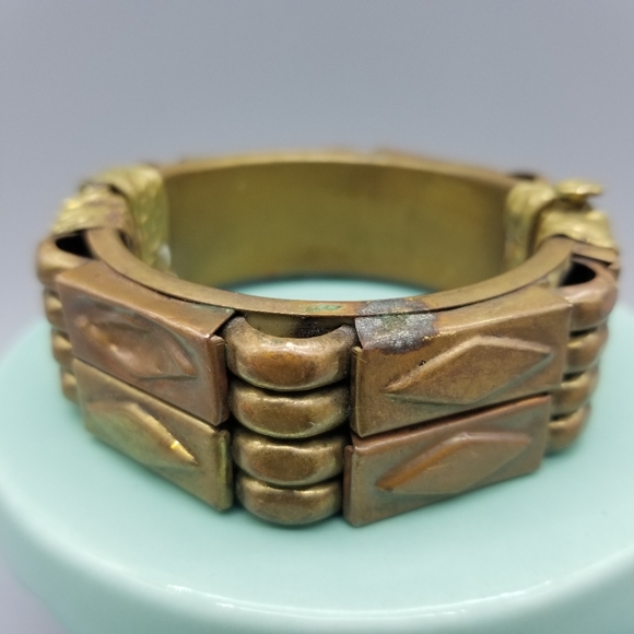 Vintage Chunky Pin Hinged Tribal Brass Or Copper Bracelet - Picture 6 of 10